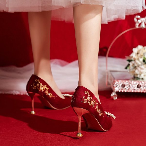 High Heels 2024 New Shoes Red Xiuhe Wedding Shoes Wedding Dress Pearl Embroidered Shoes Two-Wear Wedding Women's Shoes Brocade - Image 2