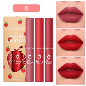 Cross-Border 3-Piece Strawberry Set Set Velvet Matte Matte Lip Glaze Lipstick Lip Gloss Female Non-Stick Cup Cute Set