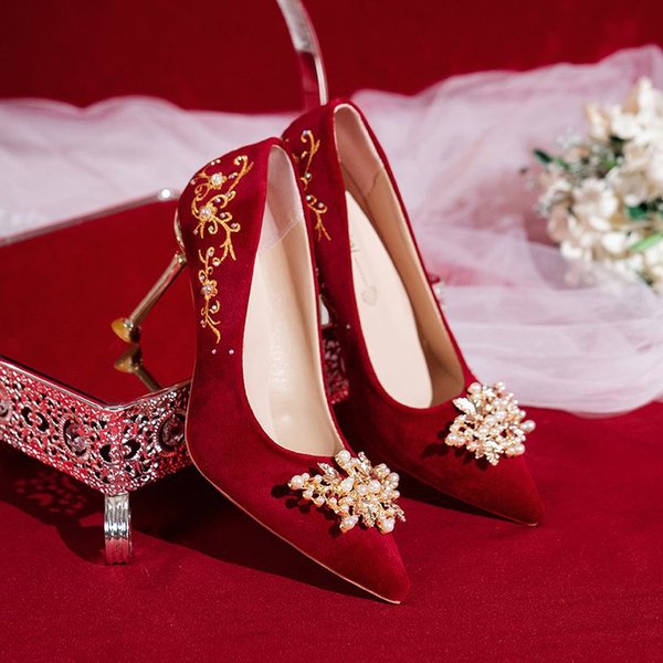 High Heels 2024 New Shoes Red Xiuhe Wedding Shoes Wedding Dress Pearl Embroidered Shoes Two-Wear Wedding Women's Shoes Brocade - Image 4