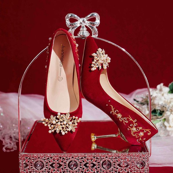 High Heels 2024 New Shoes Red Xiuhe Wedding Shoes Wedding Dress Pearl Embroidered Shoes Two-Wear Wedding Women's Shoes Brocade - Image 3